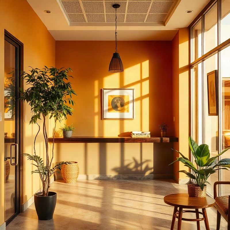 Quiet premium real estate office reception in Eldoret with amber-gold interior tones