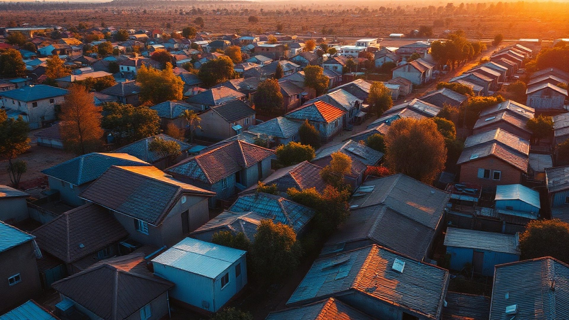 Aerial view of an Eldoret residential neighbourhood in warm golden hour light