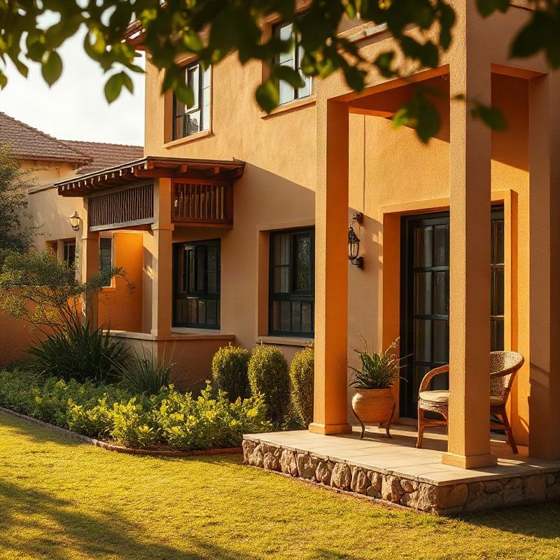 Well-appointed Kenyan residential property exterior in warm amber-gold light